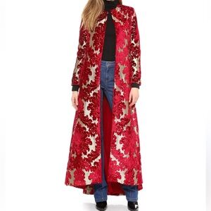 Alice and Olivia Queen floor length red and gold velvet coat